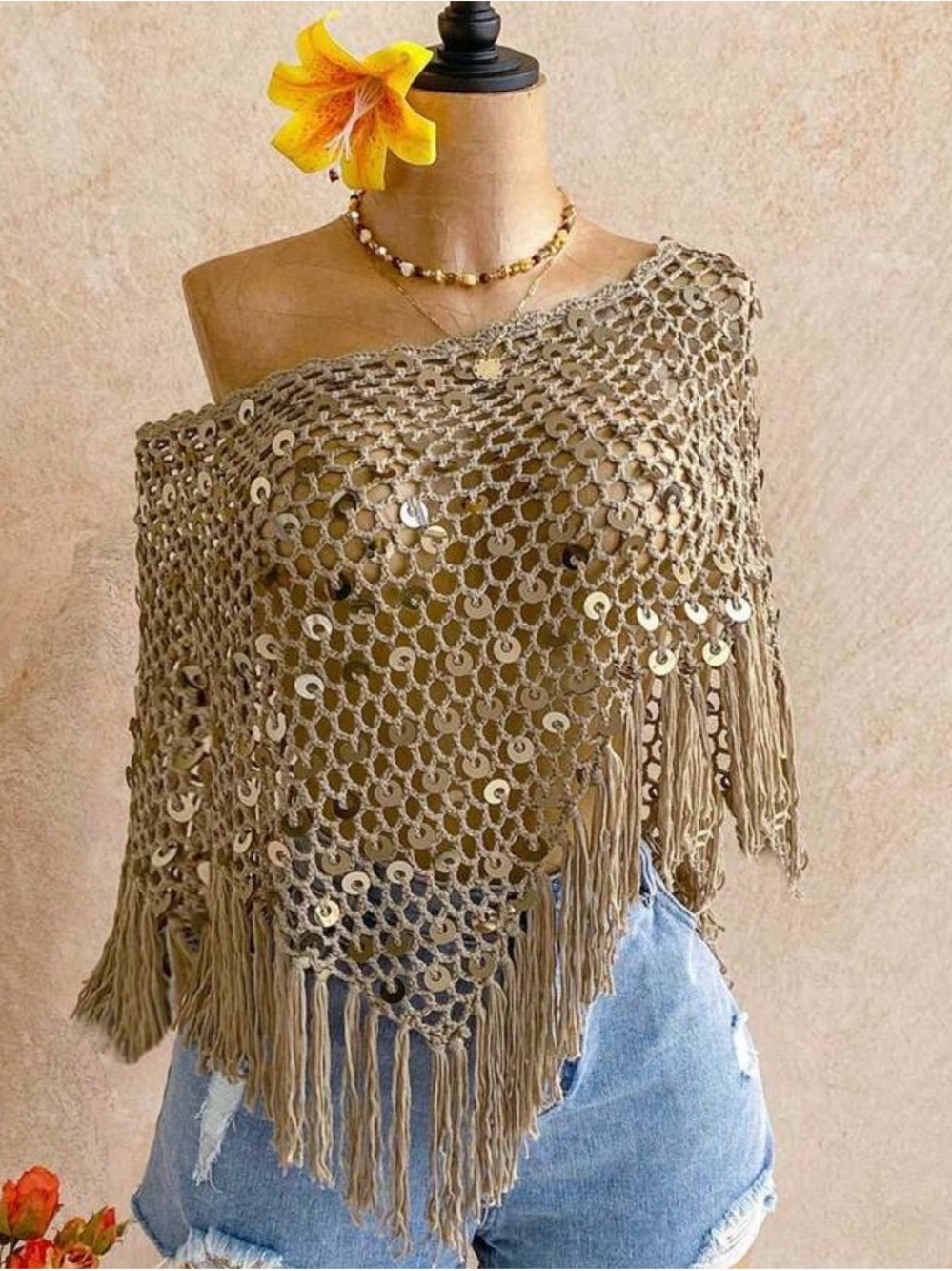 Boho Fringe Crochet Sequin Poncho Sweater - Taupe